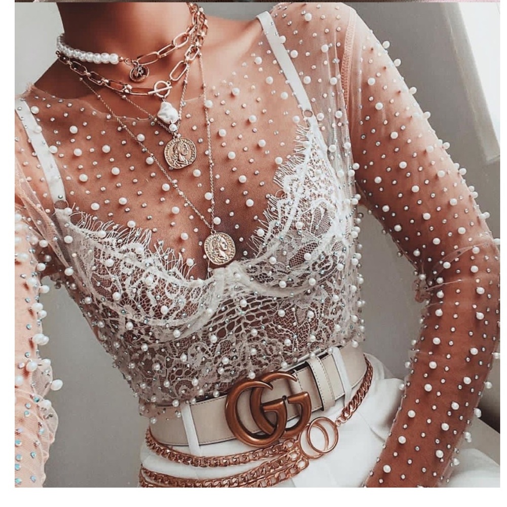 Mesh Pearl blouse top shirt sexy sheer transparent womens long sleeve